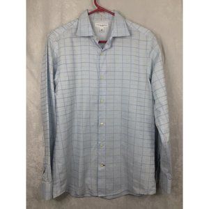 BANANA REPUBLIC FITTED MEN'S PLAID BUTTON DOWN SIZE MED 15-15.5 LIGHT BLUE